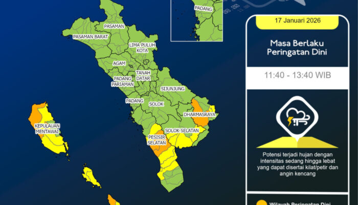 ​BMKG Keluarkan Peringatan Dini: Hujan Lebat dan Angin Kencang Intai Wilayah Sumbar Siang Ini